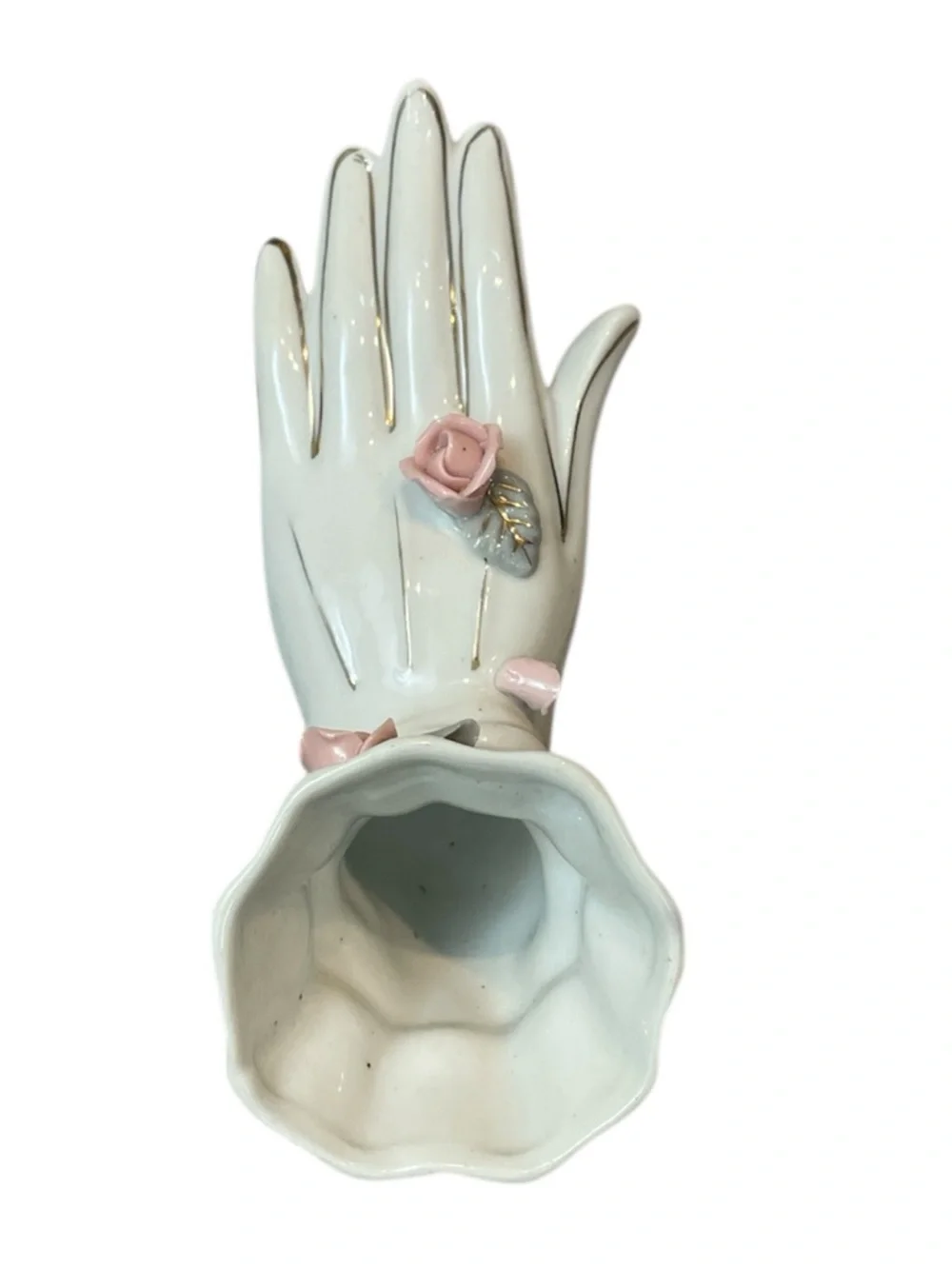 Vintage Porcelain Hand Flower Vase Pink Rose Accents Gloved Hand Bud Vase - Picture 3 of 10